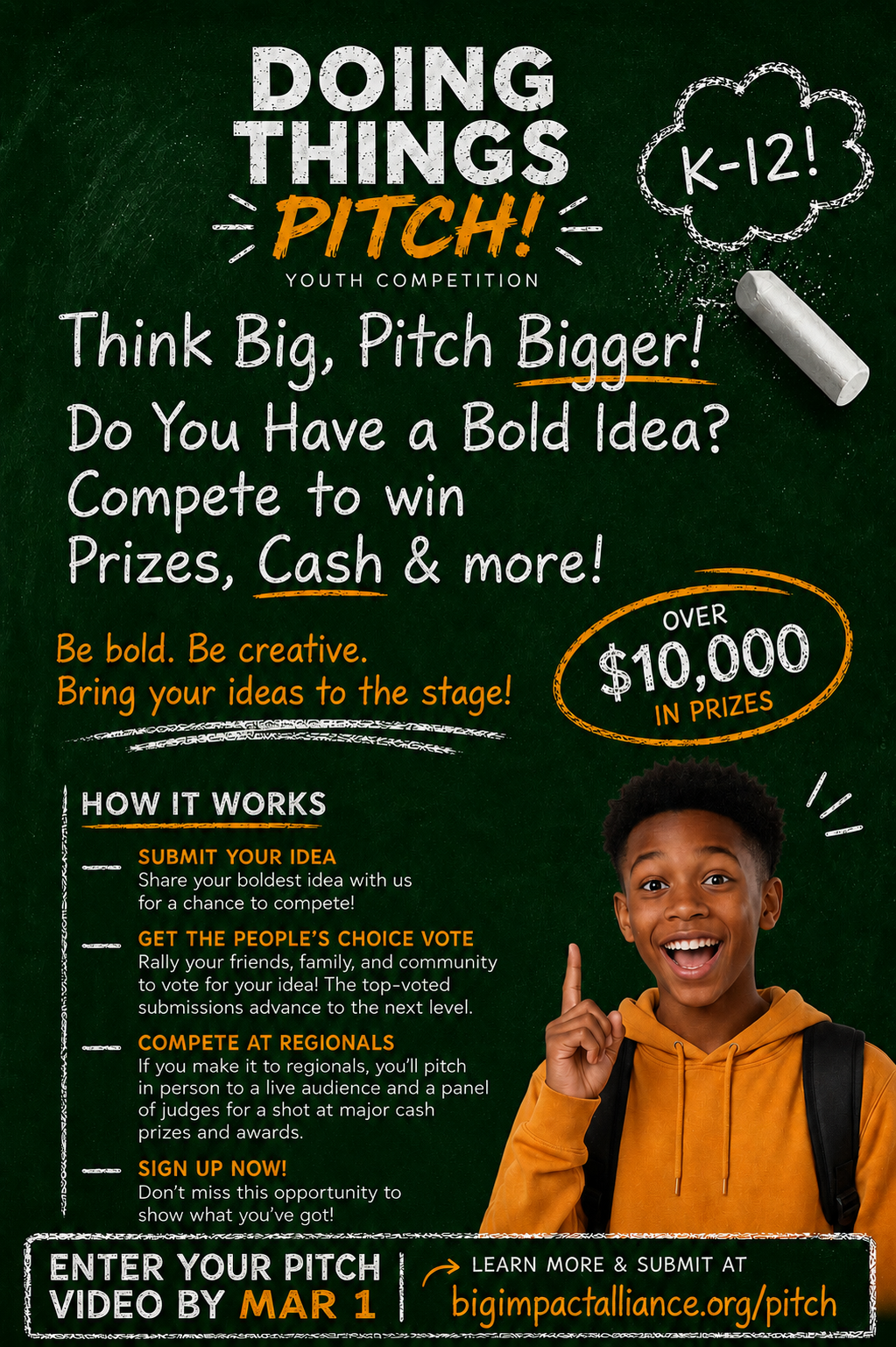 Doing Things Pitch! youth competition flyer — think big, pitch bigger, over $10,000 in prizes