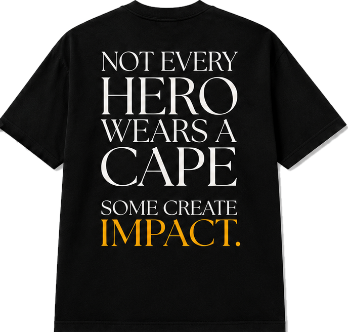 Supporter shirt back reading Not every hero wears a cape. Some create impact.